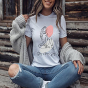 Minimal Line Art Woman Sitting with Heart T-Shirt | Feminine Illustration Tee