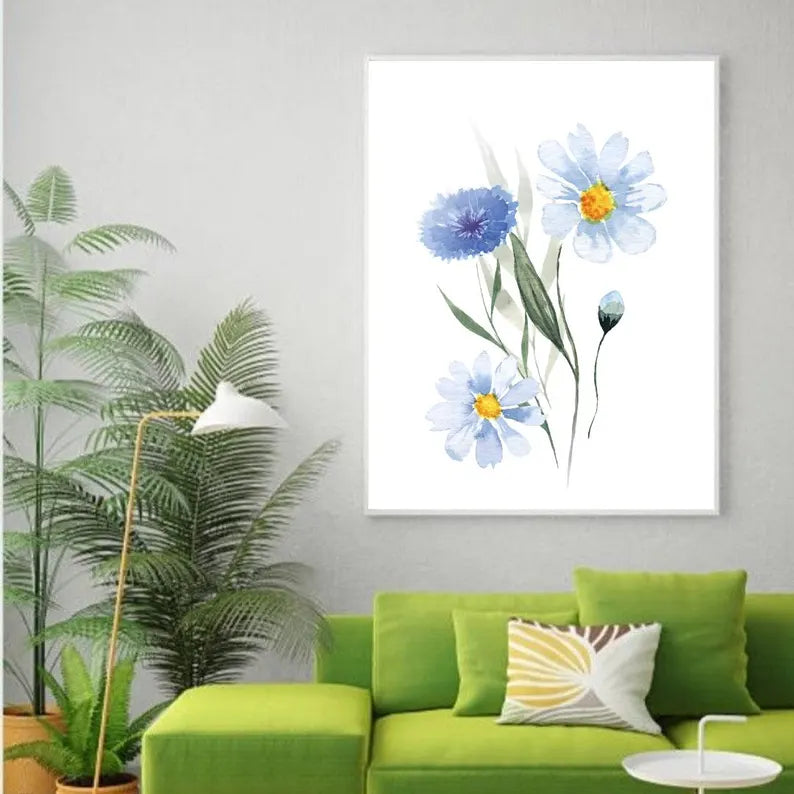 Blue Floral Wall Art Print | Modern Blue Flower Artwork | Printable Botanical Decor for Living Room Bedroom
