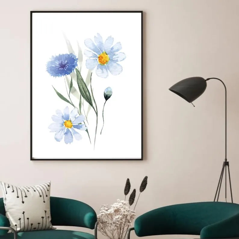 Blue Floral Wall Art Print | Modern Blue Flower Artwork | Printable Botanical Decor for Living Room Bedroom